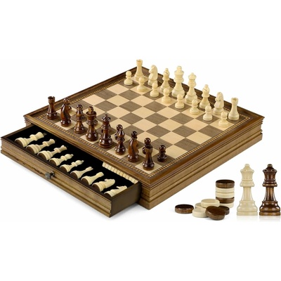 Dřevěné magnetické šachy a dáma 2v1 s úložnými zásuvkami, 38 cm