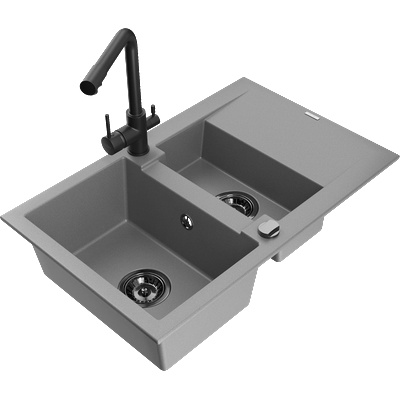 Mexen Gaspar гранитна мивка 1, 5-камерна с отцедник и кухненски смесител Duero, сив - 6507-71-671600-70-B (6507-71-671600-70-B)