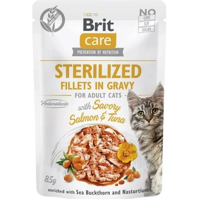 Brit Care Sterilované filety v omáčce s pikantním lososem a tuňákem obohacené o rakytník a nasturtium 85 g