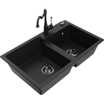 Mexen Tomas гранитна мивка с 2 отделения и кухненски смесител Carla, черен - 6516-77-670700-70-B (6516-77-670700-70-B)