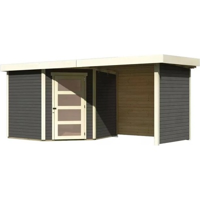KARIBU SCHWANDORF 5 drevený domček + prístavok 240 cm (77749) 462 x 246 cm, terragrau LG3911
