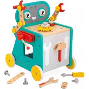 Janod BricoKids Дървена проходилка и количка с инструменти Робот 38 бр (J06456) Проходилка