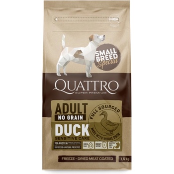 Quatro Small Breed - Пълноценна храна за кучета над 1 година от малки породи, с патешко месо, 1.5 кг