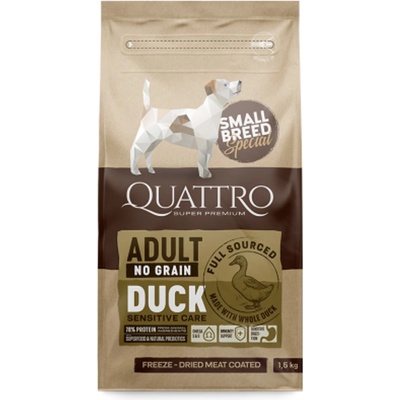 Quatro Small Breed - Пълноценна храна за кучета над 1 година от малки породи, с патешко месо, 1.5 кг
