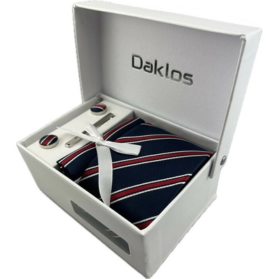 Daklos Luxusní set tmavě modrý a červeno bílé proužky Kravata kapesníček do saka manžetové knoflíčky kravatová spona