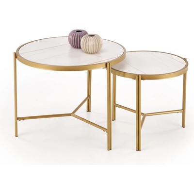 ЕВРОМАР Комплект кръгли холни маси fatima бял мрамор / златно