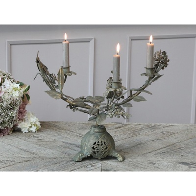 Bronzovo-zelený kovový svícen s listy Leaves na 3 úzké svíčky - 46*18*36 cm - Chic Antique