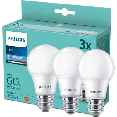 Philips 3x LED žárovka E27 A60 8W = 60W 806 lm 6500K studená bílá