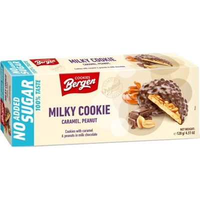 Bergen Cookie Sušenky s karamelem a arašídy v mléčné čokoládě bez cukru 100 g