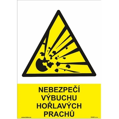 DUKO NEBEZPEČÍ VÝBUCHU HOŘLAVÝCH PRACHŮ Formát: 210 x 297 mm, Materiál: plast 1 mm, samolepící vinylová fólie