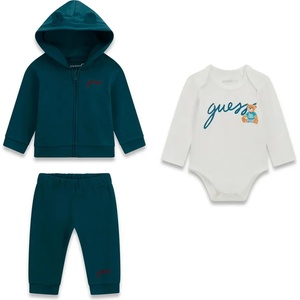 Guess Бебешки памучен комплект от 3 части Guess Bear - Петролено зелен и екрю