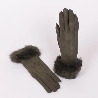 Елегантни дамски велурени ръкавици в масленозелен цвят с пухче