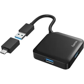 Hama USB хъб HAMA, USB-А 4-портов, USB 3.2 Gen 1, 5 Gbit/s, USB-C адаптер, Черен (HAMA-200116)