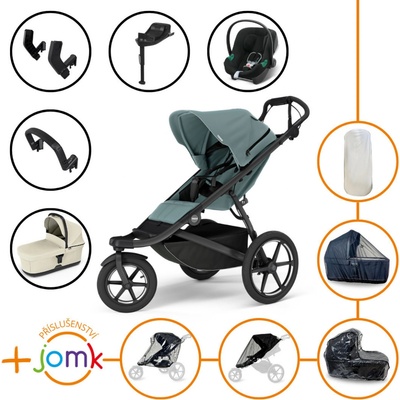 Thule Set 11v1 Urban Glide 3 Mid blue 2024 + madlo + korba Soft beige + JOMK příslušenství + autosedačka Cybex s ISOFIX základnou a adaptéry Thule