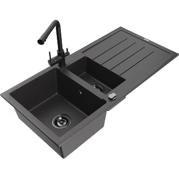 Mexen Andres гранитна мивка 1, 5-камерна с отцедник и кухненски смесител Duero, черен с пръски - 6515-76-671600-70-B (6515-76-671600-70-B)