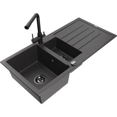 Mexen Andres гранитна мивка 1, 5-камерна с отцедник и кухненски смесител Duero, черен с пръски - 6515-76-671600-70-B (6515-76-671600-70-B)
