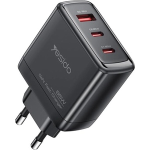 YESIDO Зарядно за стена - Yesido Wall Charger (YC144) - 2× Type-C + USB-A, GaN, 65W, Fast Charge - Черно