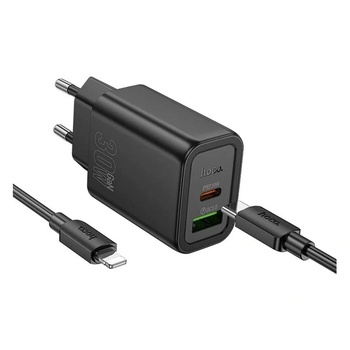 hoco. Зарядно устройство: HOCO N63 - USB/Type-C (USB-C) съвместим порт черен захранващ адаптер 3A 30W + Type-C (USB-C) / Lightning кабел (1m) (N63_USB_TYPEC_LIGHTNING_B) (N63_USB_TYPEC_LIGHTNING_B)