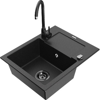 Mexen Enzo гранитна кухненска мивка с 1 отделение, капак и кухненски смесител Telma, черен/сребърен - 6506-73-670200-70-B (6506-73-670200-70-B)