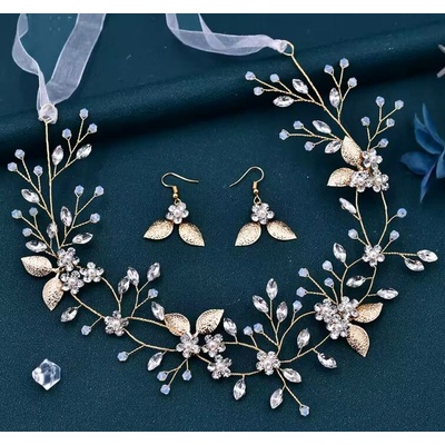 Naishide Jewelry Souprava čelenky a náušnic s krystaly a zlatými lístky