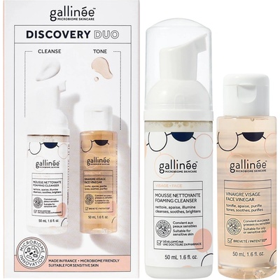 Gallinee Duo Set Set Gallinee: Грижа за кожата Microbiome пребиотици и постбиотици почистваща почистваща пяна 50 мл + грижа за кожата Microbiome пребиотици и постбиотици успокояващ лосион за лице 50 мл