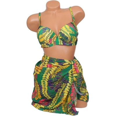 Дамски бански с парео в зелено и цветни листа