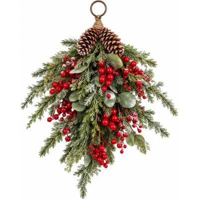 PROLINE Vianočná nástenná ikebana červené bobuľky so šiškami 50cm 47253R