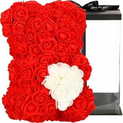 Medvídek z růží 22 cm SPRINGOS ROSE BEAR HA7219 červený s bílým srdcem