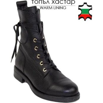 Image 1 of Български обувки Дамски боти от естествена черна шагренирана кожа с връзки и цип 20384