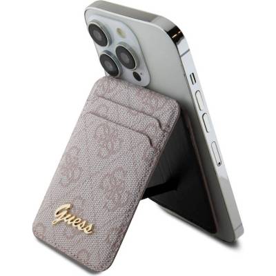 GUESS 4G Metal Script Magnetic Cardslot Wallet - кожен портфейл (джоб) с вградена поставка за прикрепяне към iPhone с MagSafe (розов)