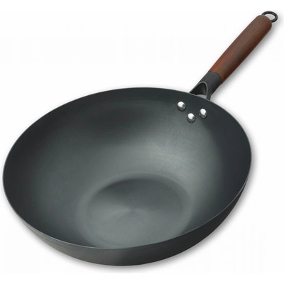 Pánev WOK ocelová 32 cm ploché dno, odnímatelná dřevěná rukojeť
