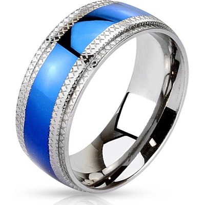 Šperky eshop ocelový prsten modrý pruh uprostřed vroubkované okraje D10.9