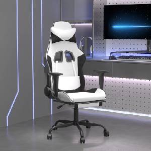 vidaXL Гейминг стол с опора за крака, бяло и черно, изкуствена кожа (3143663)