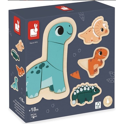Janod Дървени пъзели Janod - Динозаври, 4 броя (J05824)