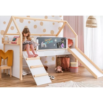 Ginger Home Детско легло къщичка Монтесори, двуетажно с пързалка и черна дъска, подматрачна рамка 90х200 см