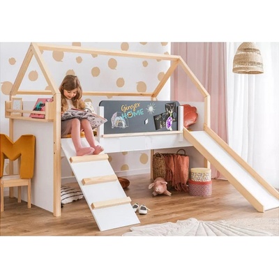 Ginger Home Детско легло къщичка Монтесори, двуетажно с пързалка и черна дъска, подматрачна рамка 90х200 см