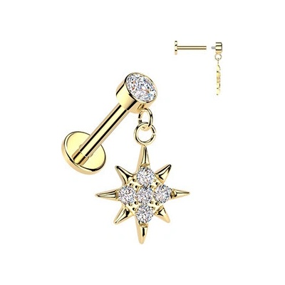 Šperky4U Zlacený piercing do ucha labreta hvězda LB1144-GD