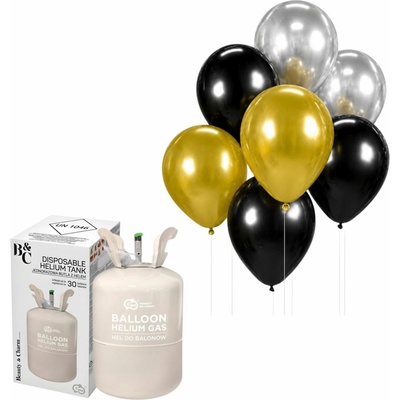 Helium a sada latex. balónků chrom. zlatá, stříbrná, černá 30 cm KINGOFBAL HEL20-BB-ZSC7