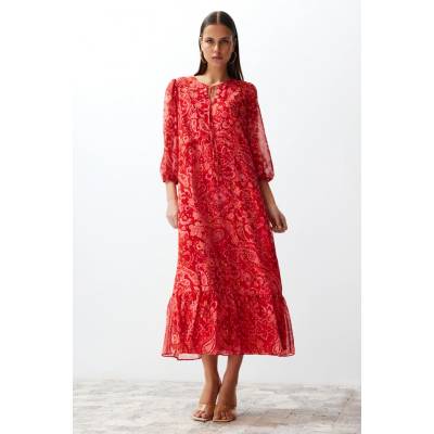 Trendyol Pink Paisley Patterned Straight Cut Maxi Lined Chiffon Woven Dress