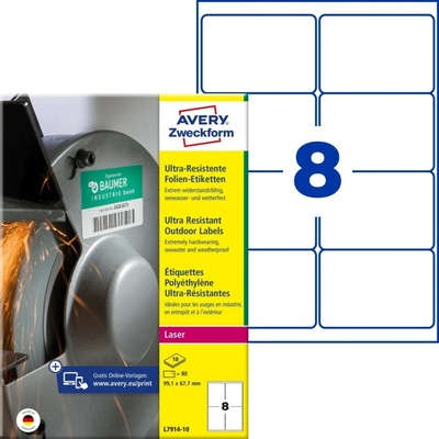 Avery Zweckform Etikety pro laser 10 listů A4 bílé 99,1 x 67,7 mm ultra odolné vůči počasí L7914-10