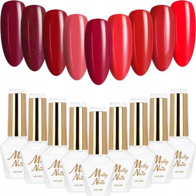 9x Hybridní lak MOLLYNAILS 8g Hearts & Kisses SADA 9v1 Červená barva