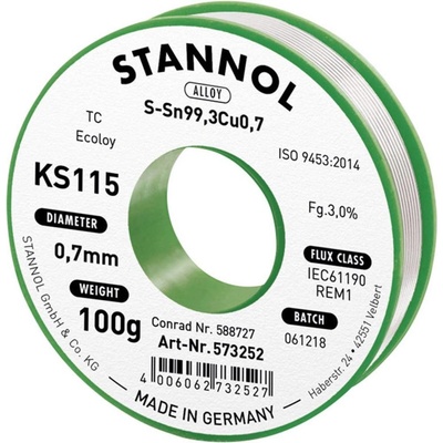 Stannol KS115 spájkovací cín bez olova cievka Sn99,3Cu0,7 ROM1 100 g 0.7 mm