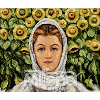 Milena Style Момиче със слънчогледи - гоблен със схема конци dmc 1: 4