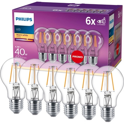 Philips 6x LED žárovka E27 A60 4,3W = 40W 470 lm 2700K teplá bílá vlákno