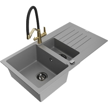 Mexen Matias кухненска мивка от гранит, 1, 5 отделение с дренаж и кухненски смесител Duo, сив - 6502-71-671701-57-B (6502-71-671701-57-B)