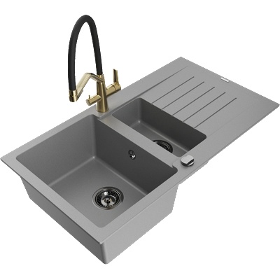 Mexen Matias кухненска мивка от гранит, 1, 5 отделение с дренаж и кухненски смесител Duo, сив - 6502-71-671701-57-B (6502-71-671701-57-B)