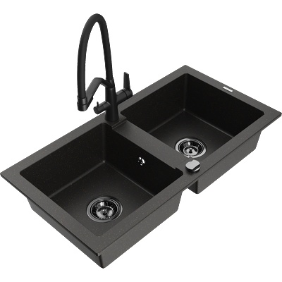 Mexen Mario гранитна мивка с 2 камери с кухненски смесител Duo, черен/златист металик - 6504-75-671701-70-B (6504-75-671701-70-B)