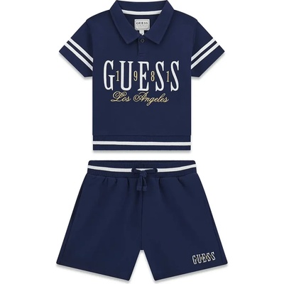 Guess Комплект тениска с яка и къси панталон в тъмно синьо с бели детайли и надписи Guess
