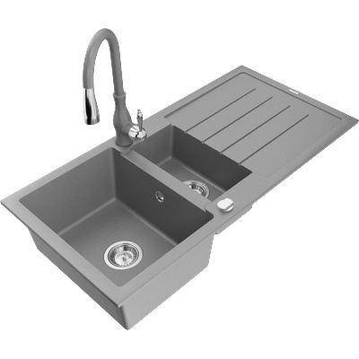 Mexen Andres гранитна мивка с 1, 5 камери с отцедник и кухненски смесител Savita, сив - 6515-71-672601-71 (6515-71-672601-71)