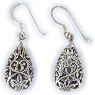 Sanu Babu stříbrné naušnice ve tvaru kapky ornamenty Nepál 3D stříbrná